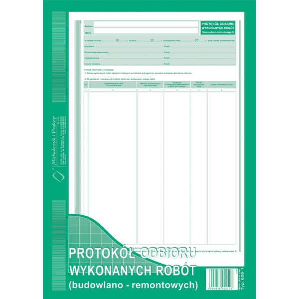 Protokół odbioru wykonanych robót (budowlano-remontowych) 606-1 606-1 246928 - 1